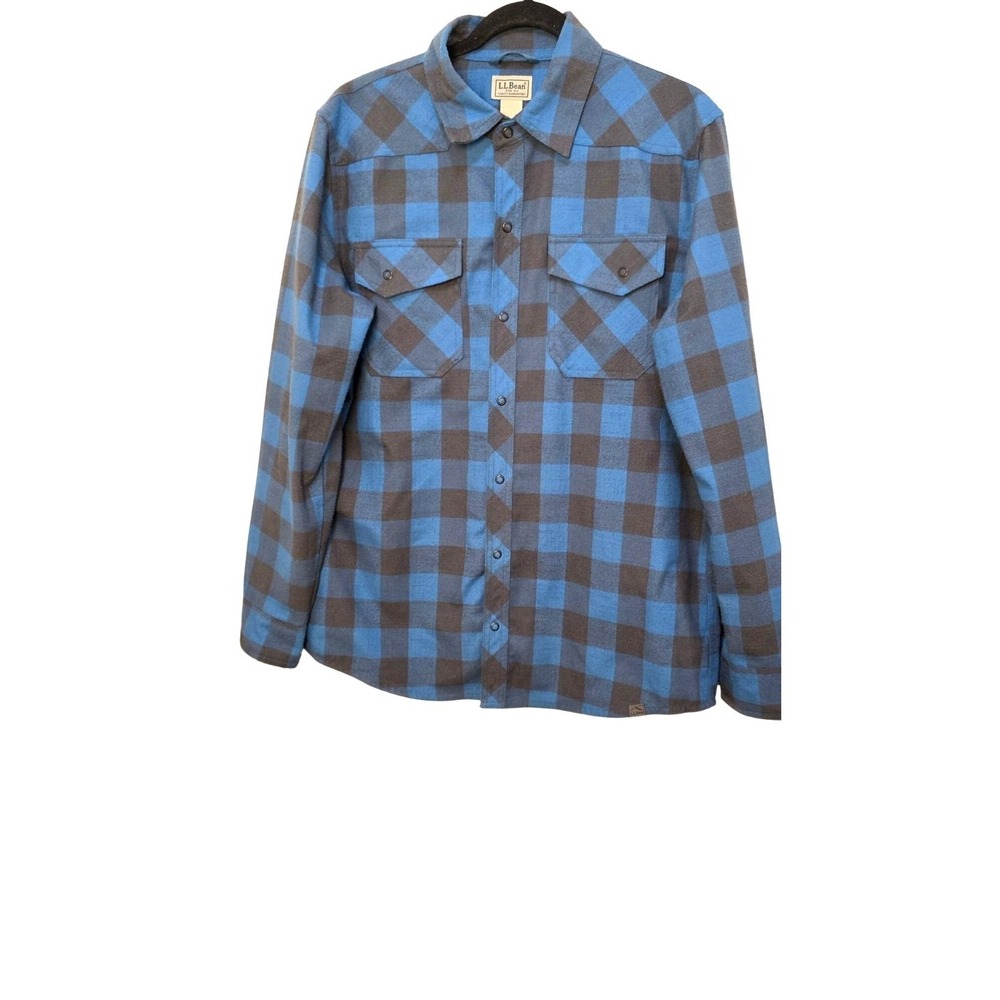 L.L. Bean Men's Blue &‎ Gray Plaid Long-Sleeve Snap-Up Patch Elbow Shirt Size M